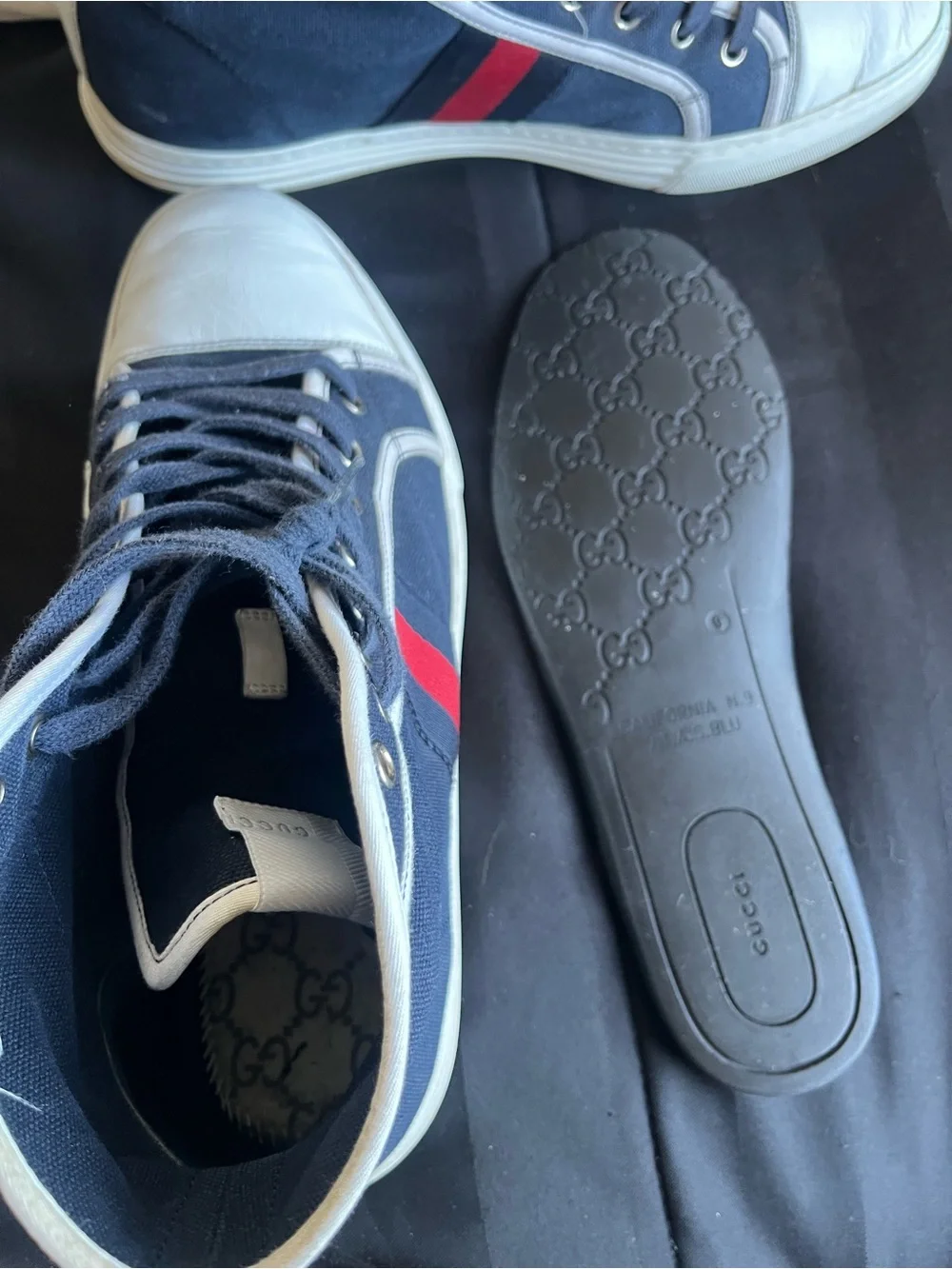 Gucci Navy Canvas & White Leather Sneakers with Red Stripe
